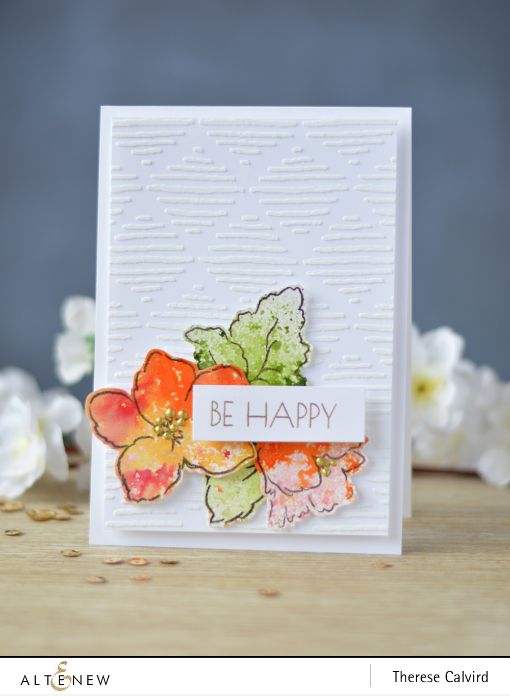 Altenew - Hibiscus Bouquet - Metallic Shimmer Ink Spray - Sketched Lines Stencil - Lostinpaper (card) 1 copy