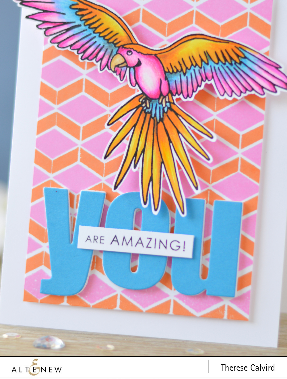 Altenew - Parrot Paradise - Pattern Play Hexagon - Bold Alphabet - Lostinpaper (card video) 1 copy