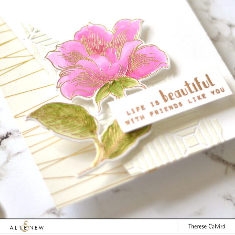 Altenew - Engraved Flowers - Gold String Washi - Beveled Squares Stencil - Therese Calvird (card video) 2 copy