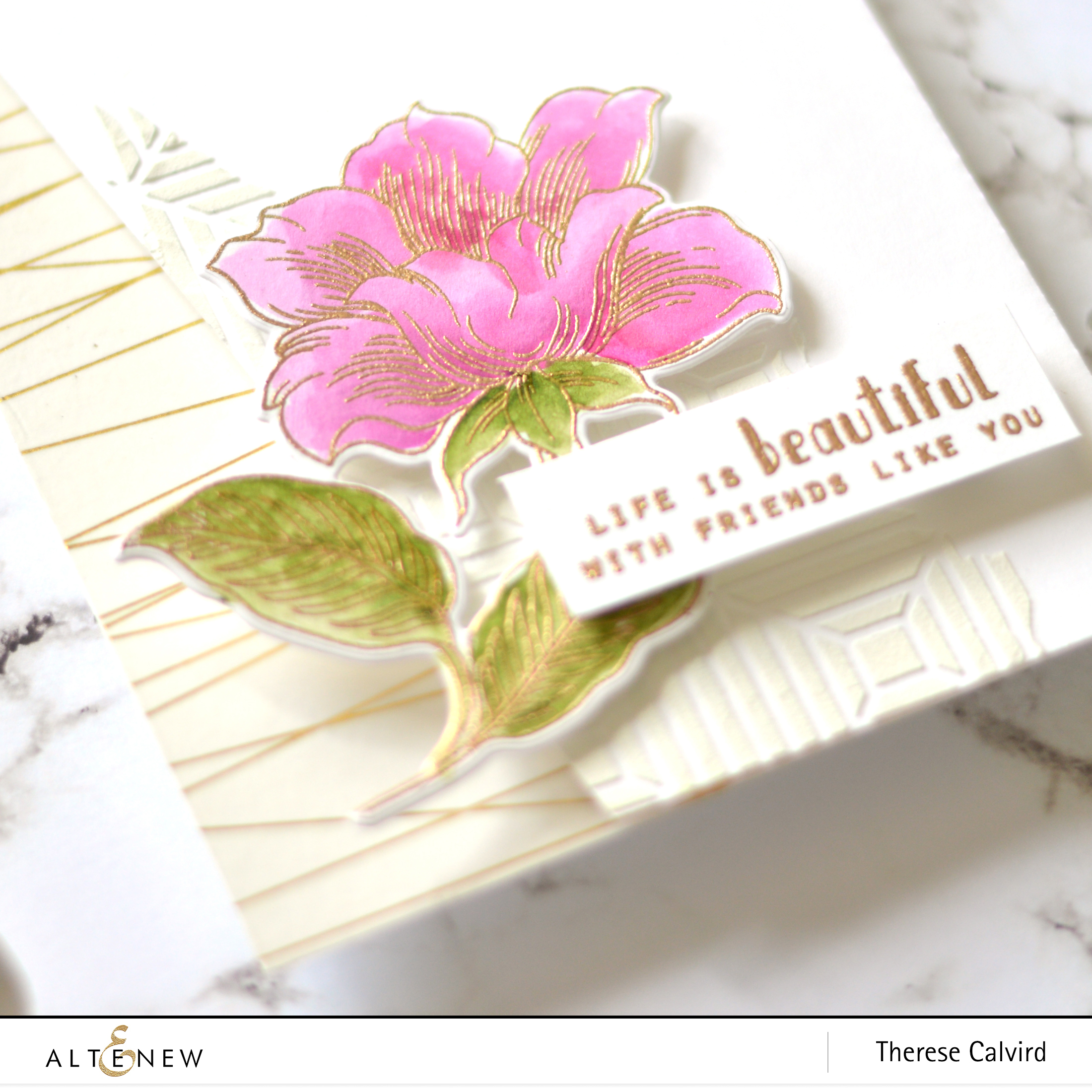 Altenew - Engraved Flowers - Gold String Washi - Beveled Squares Stencil - Therese Calvird (card video) 2 copy