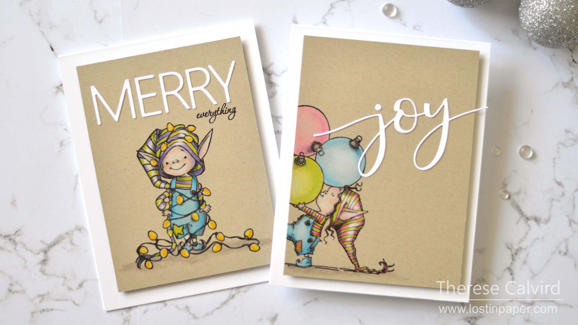 Same But Different Christmas Cards - Penny Black Elves in Copic and Pencils 1