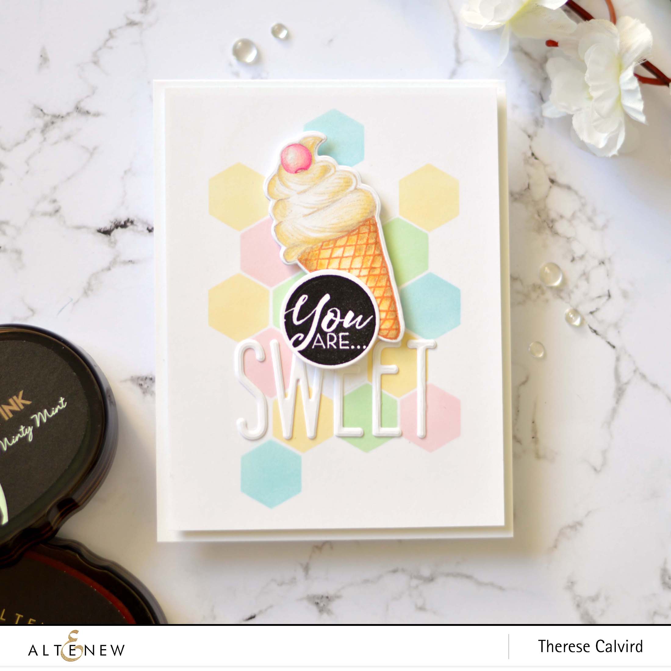 Altenew - Honeycomb Stencil - Summer Swirls - Tall Alpha - Therese Calvird (card video) 3 copy