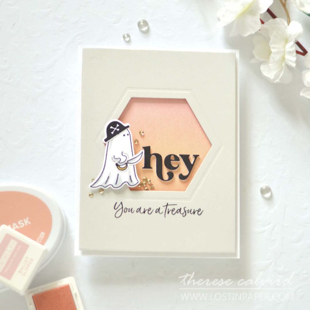 Therese Calvird - Ellen Hutson - Essential Hexagons HF - Ghost Costumes - Spooktacular - Hey Boo - You're a Treasure (card) 1