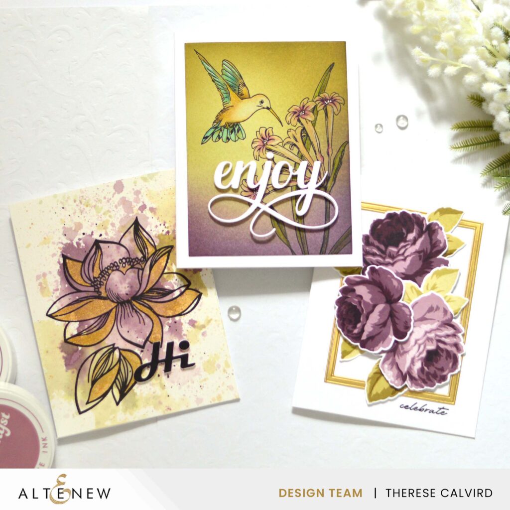Altenew - Striking Flowers - Bold Greetings - Antique Roses - Fine Frames - Sweet Bouquet - Humminbird Nectar Press Plates - Fancy Enjoy (cards) (1) copy