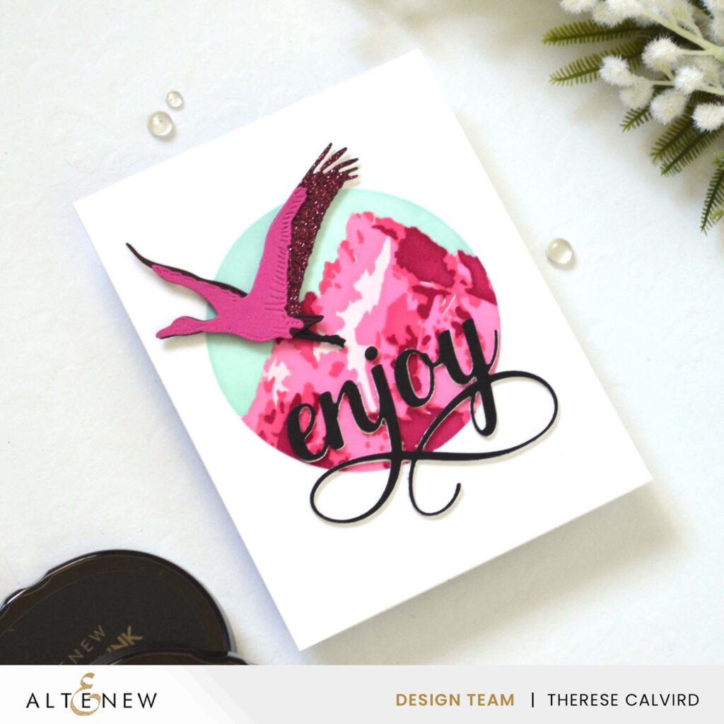 Altenew - Majestic Mountains Stencil - Red-Crowned Cranes - Circle Frame Stencil - Fancy Enjoy Die - Take 2 with Therese (card video) (1) copy