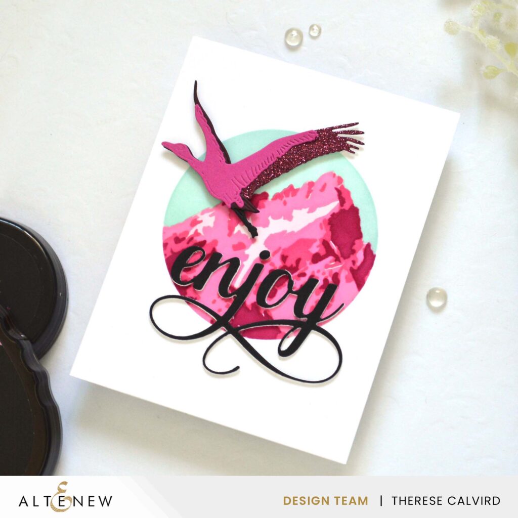 Altenew - Majestic Mountains Stencil - Red-Crowned Cranes - Circle Frame Stencil - Fancy Enjoy Die - Take 2 with Therese (card video) (1) copy