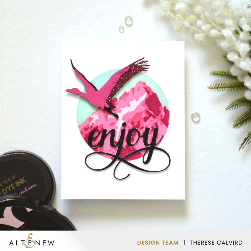 Altenew - Majestic Mountains Stencil - Red-Crowned Cranes - Circle Frame Stencil - Fancy Enjoy Die - Take 2 with Therese (card video) (1) copy