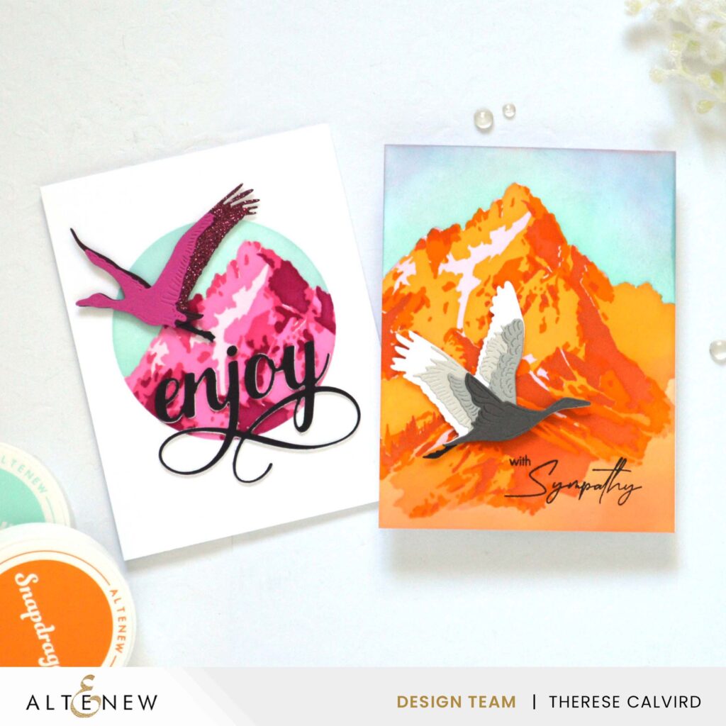 Altenew - Majestic Mountains Stencil - Red-Crowned Cranes - Elegant Sayings - Circle Frame Stencil - Fancy Enjoy Die - Take 2 with Therese (card video) (1) copy