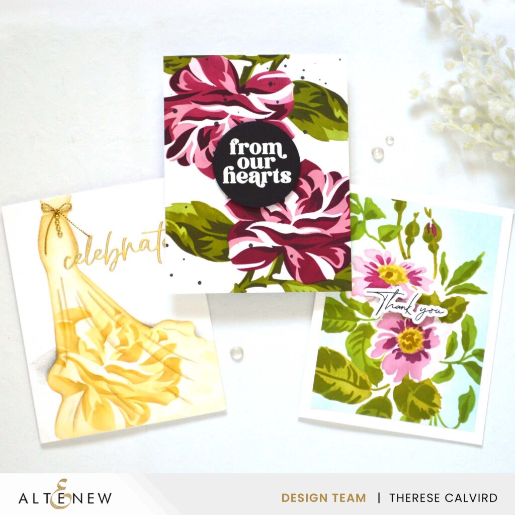 Altenew - Mega Blossom Stencil - Enchanted Beginnings Stencil - Sweet Sentiments - Playful Watercolor Flowers - Elegant Sayings - Classic Greetings - Fine Rings - Circle Die (cards) copy