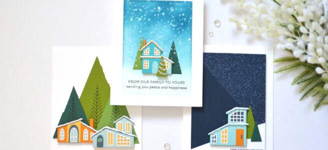 Cozy Christmas scene with playful triangle die-cut tree design for a festive card