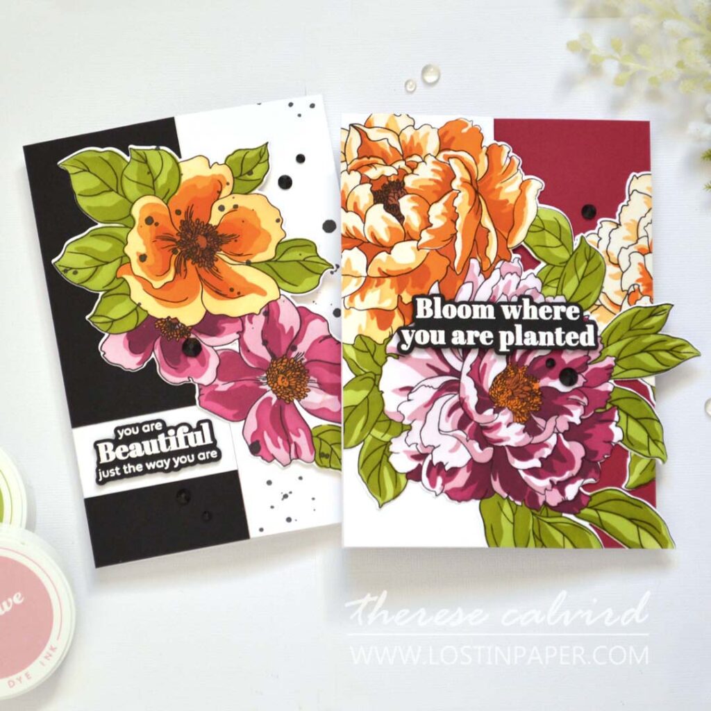 5x7 fun fold card with Altenew Billowing Peonies, gem sparkles, and black ink accents – Take 2 With Therese Calvird
