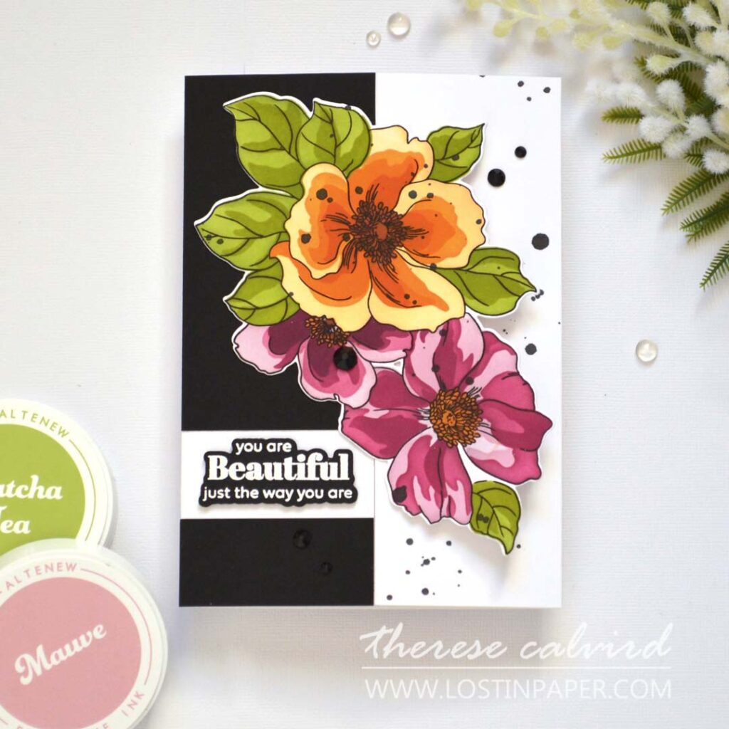 5x7 fun fold card with Altenew Billowing Peonies, gem sparkles, and black ink accents – Take 2 With Therese Calvird