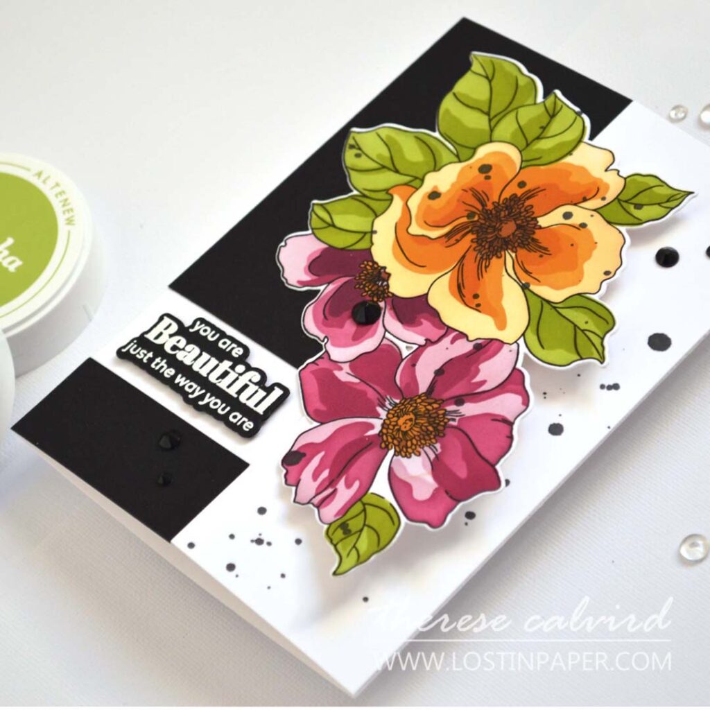 5x7 fun fold card with Altenew Billowing Peonies, gem sparkles, and black ink accents – Take 2 With Therese Calvird