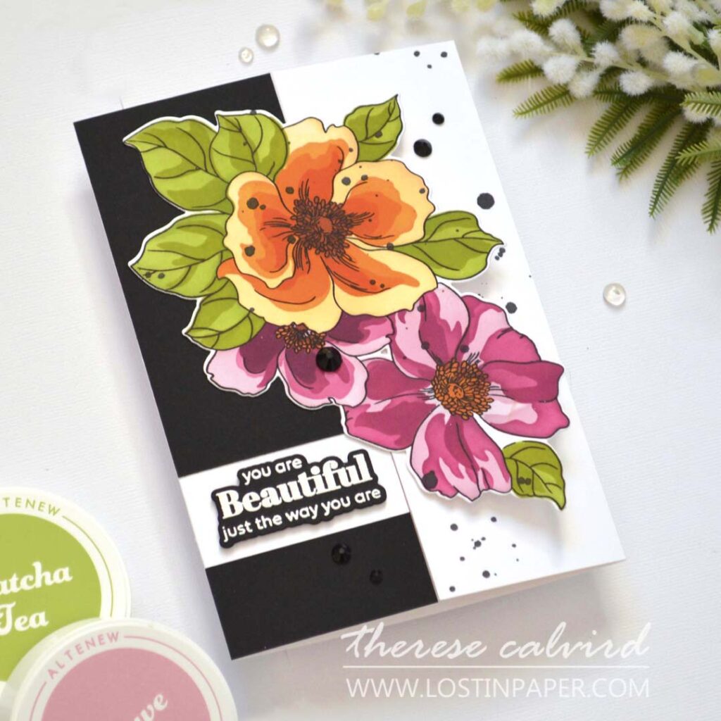 5x7 fun fold card with Altenew Billowing Peonies, gem sparkles, and black ink accents – Take 2 With Therese Calvird