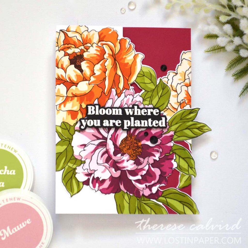 5x7 fun fold card with Altenew Billowing Peonies, gem sparkles, and black ink accents – Take 2 With Therese Calvird