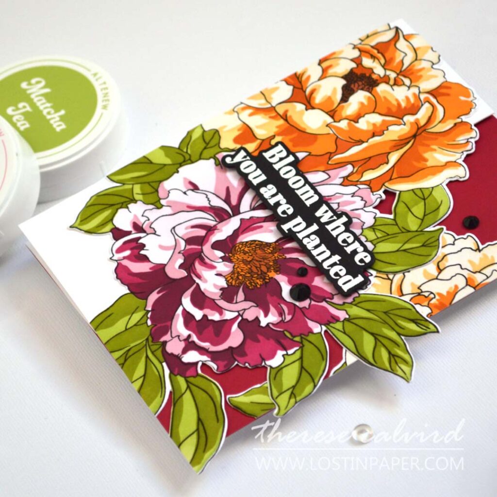 5x7 fun fold card with Altenew Billowing Peonies, gem sparkles, and black ink accents – Take 2 With Therese Calvird