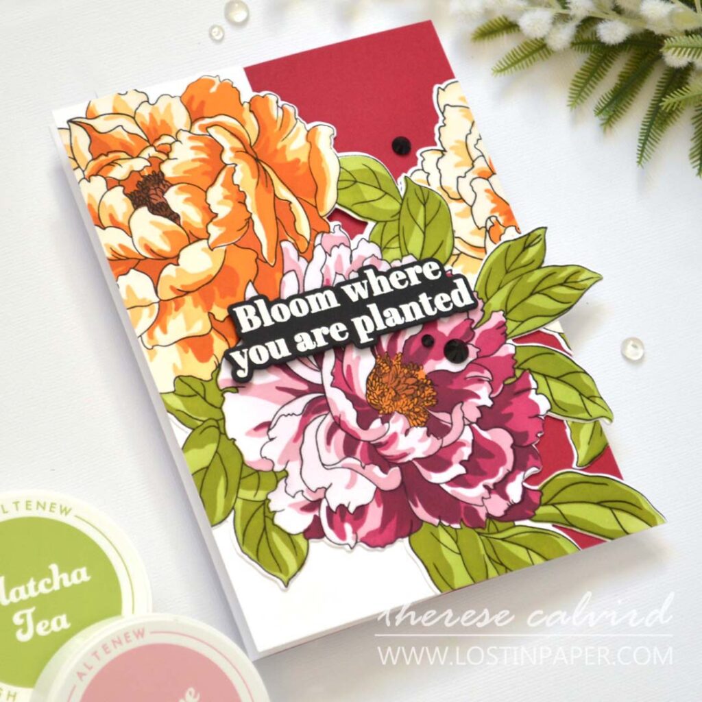 5x7 fun fold card with Altenew Billowing Peonies, gem sparkles, and black ink accents – Take 2 With Therese Calvird