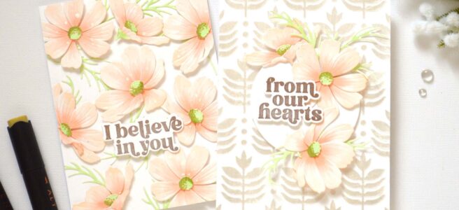 Two handmade cards showing Cosmos layering flowers: one with a full floral background and one with a focal point on a textured background