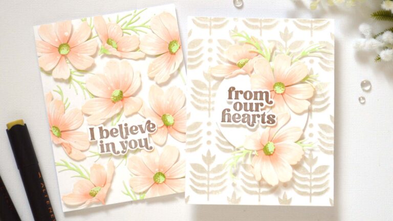 Two handmade cards showing Cosmos layering flowers: one with a full floral background and one with a focal point on a textured background
