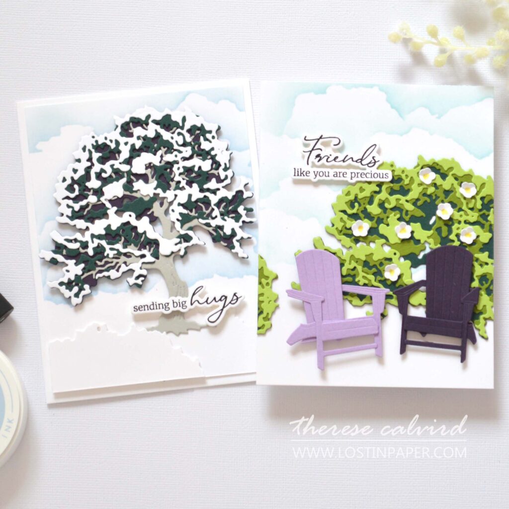 Two cards made with the same maple tree layering die set showing winter and summer scenes by Therese Calvird
