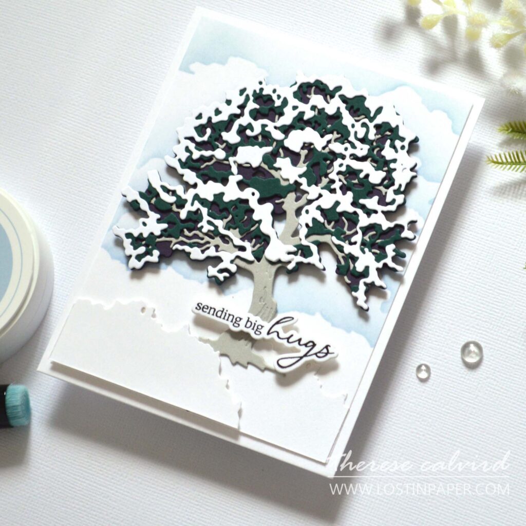 Winter maple tree card with snow and stencil cloud background by Therese Calvird