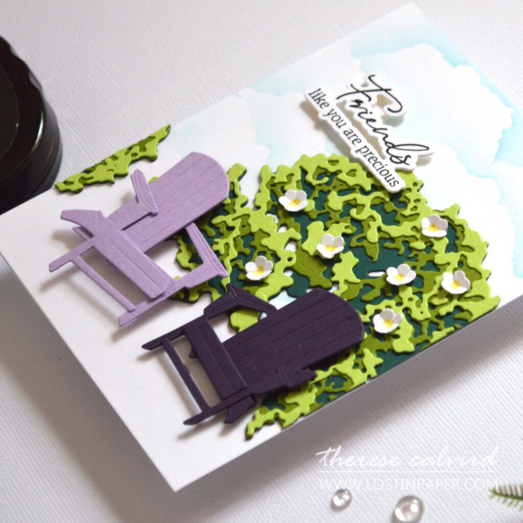 Summer floral bush card with two chairs and stencil cloud background by Therese Calvird