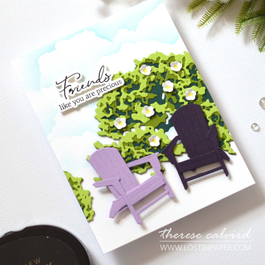 Summer floral bush card with two chairs and stencil cloud background by Therese Calvird