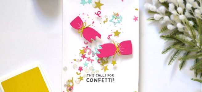 Christmas Cracker card with shaker filled with bright confetti and sequins, festive holiday design