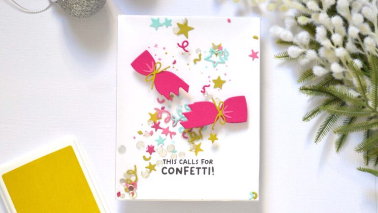 Christmas Cracker card with shaker filled with bright confetti and sequins, festive holiday design