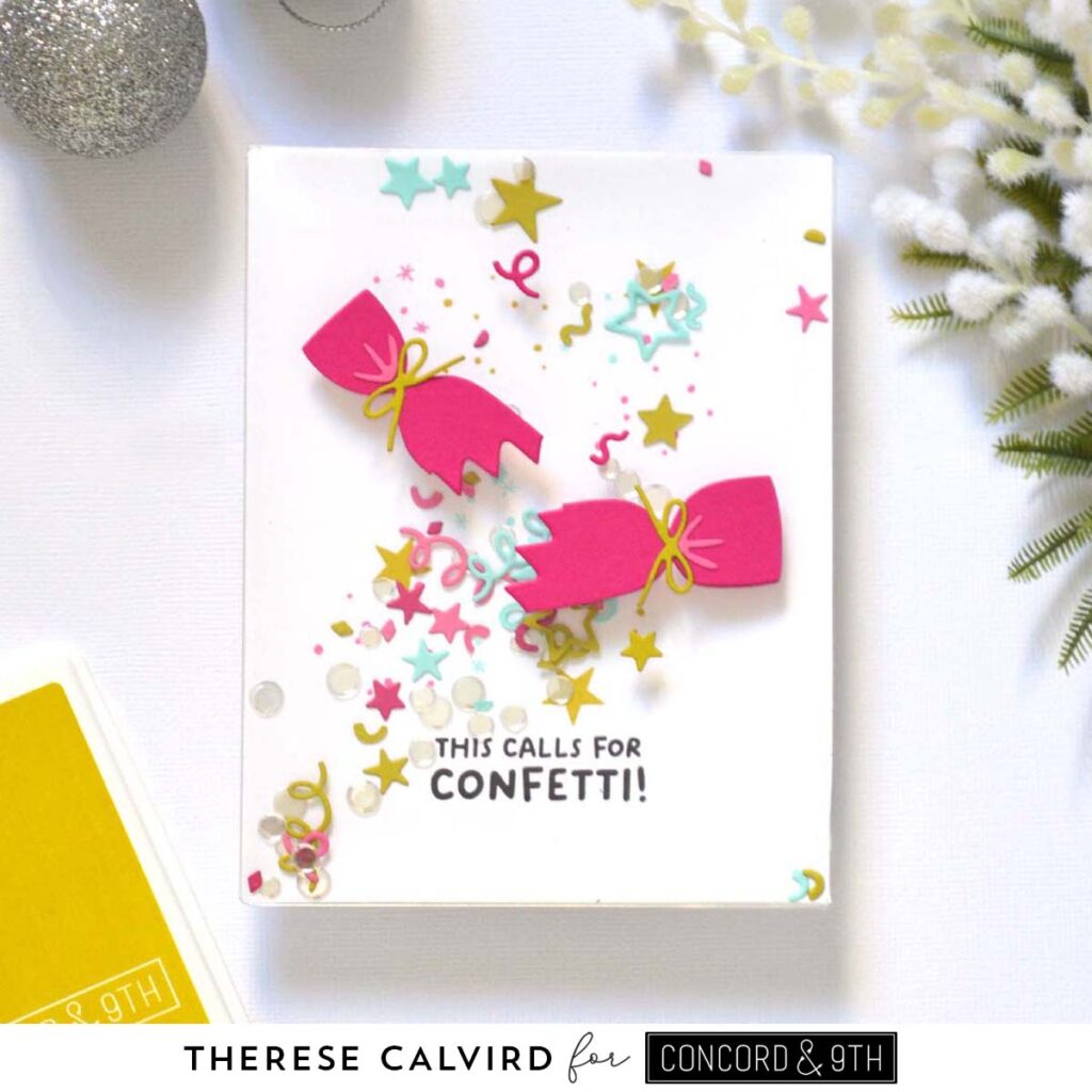 Christmas Cracker card with shaker filled with bright confetti and sequins, festive holiday design