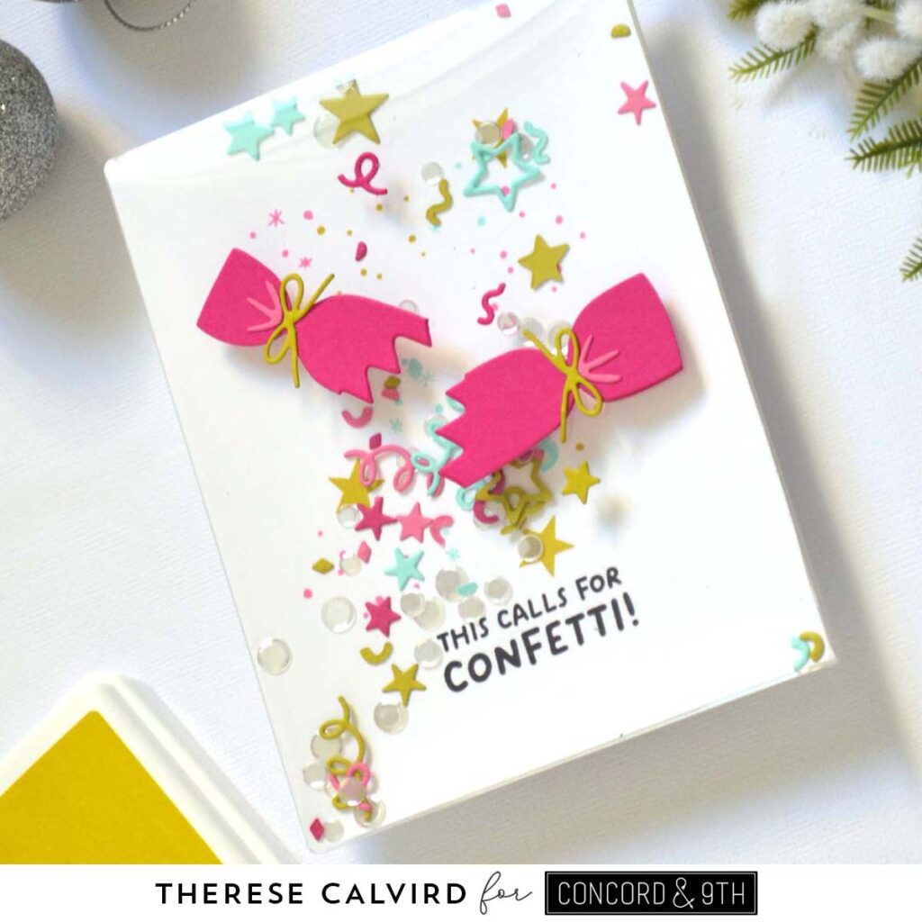 Christmas Cracker card with shaker filled with bright confetti and sequins, festive holiday design