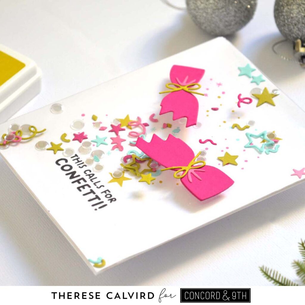 Christmas Cracker card with shaker filled with bright confetti and sequins, festive holiday design