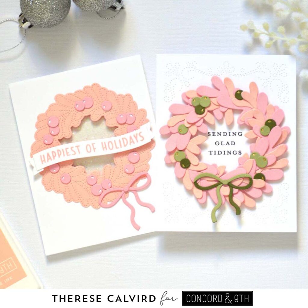 Holiday card featuring a die cut wreath in nectar and pink tones with a coordinating sentiment