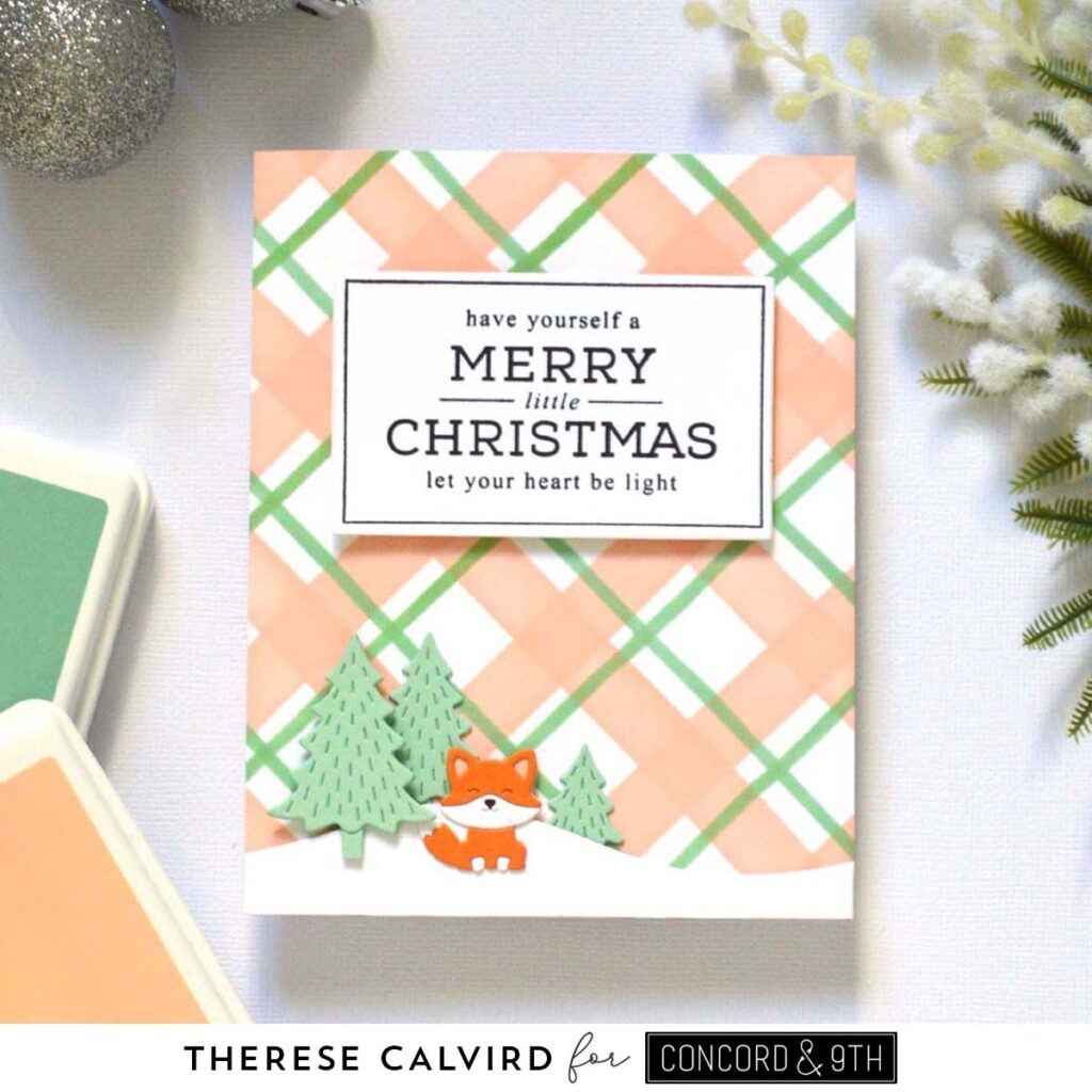 Christmas cards with stenciled plaid background, holiday sentiments, and cute fox die cuts