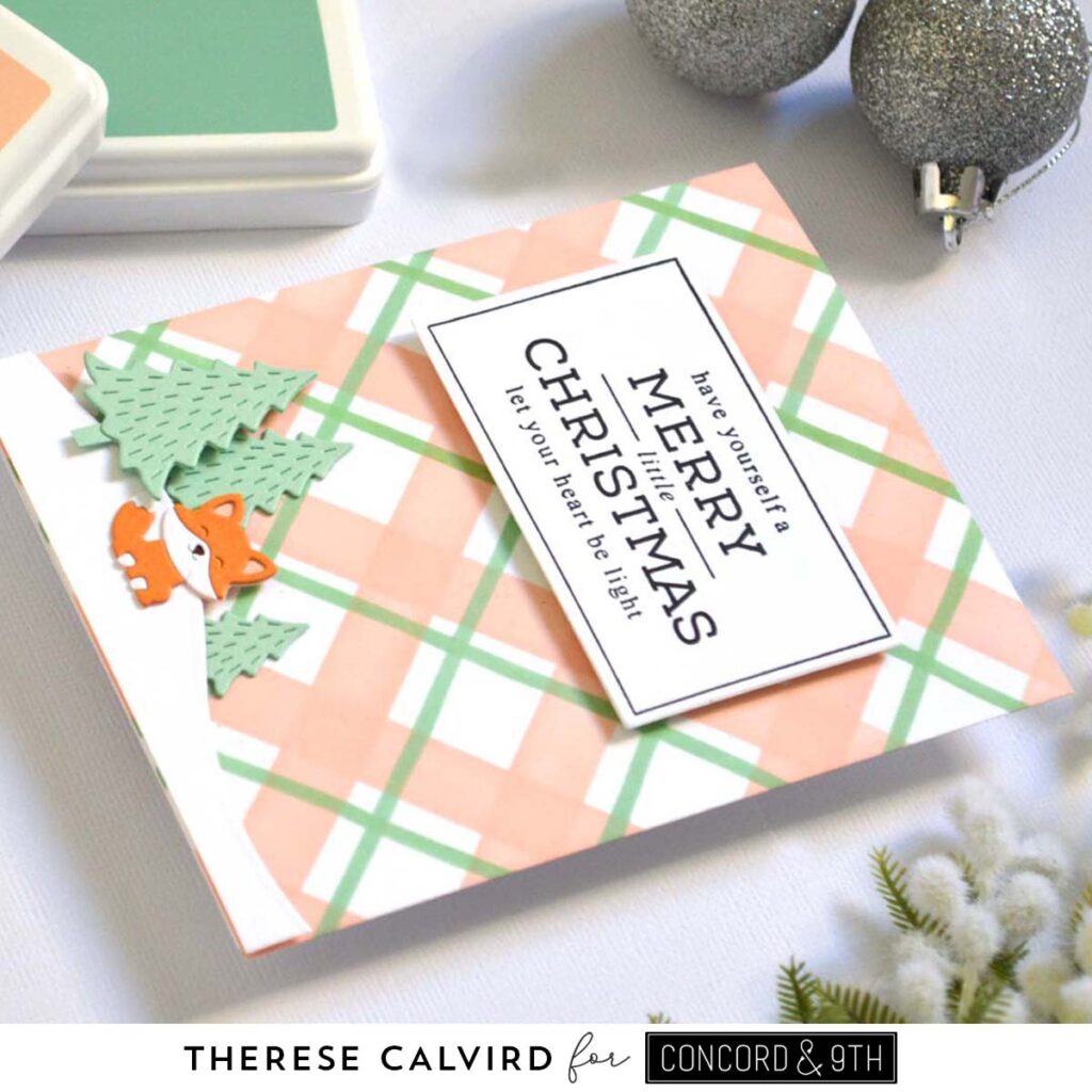 Christmas cards with stenciled plaid background, holiday sentiments, and cute fox die cuts