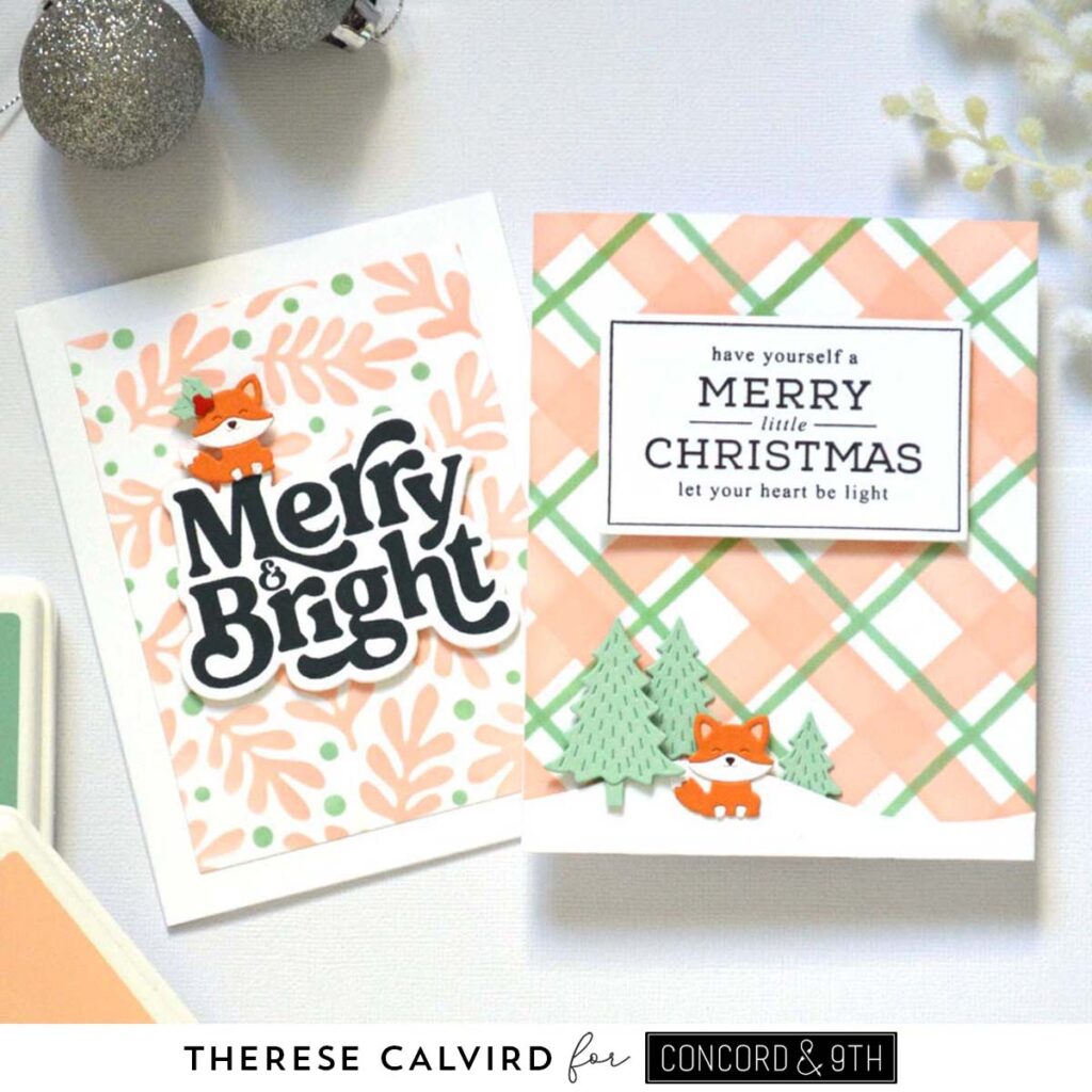 Christmas cards with stenciled plaid and leafy backgrounds, holiday sentiments, and cute fox die cuts