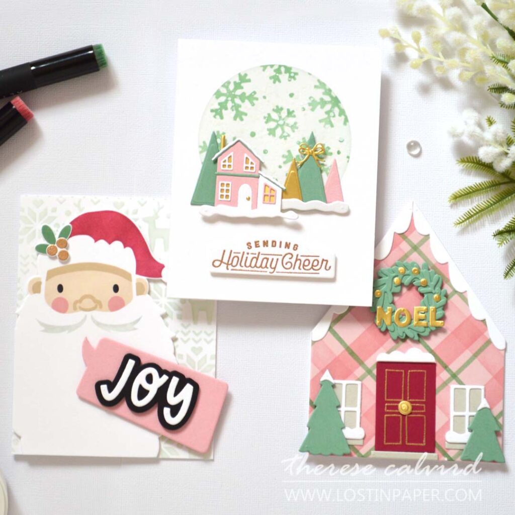 Holiday stencil Christmas cards created by Therese Calvird using a variety of easy techniques