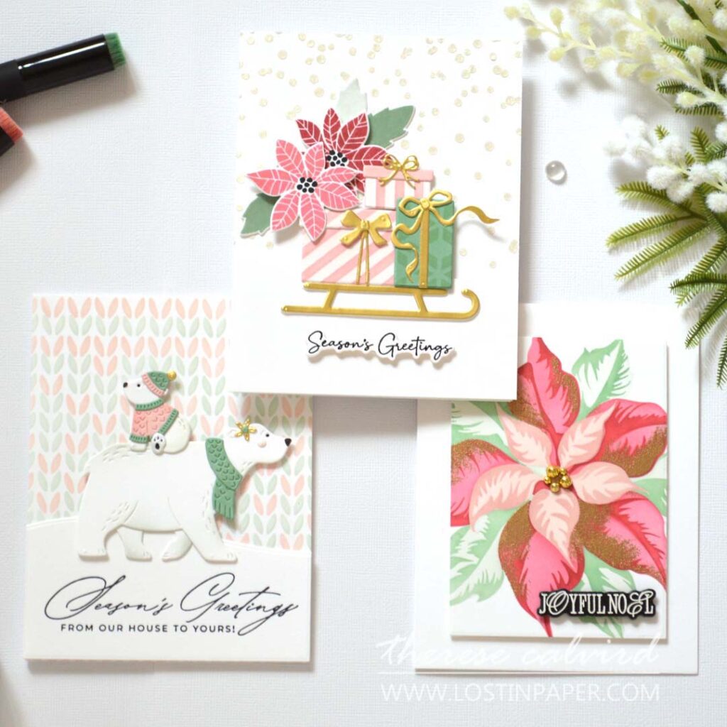 Holiday stencil Christmas cards created by Therese Calvird using a variety of easy techniques