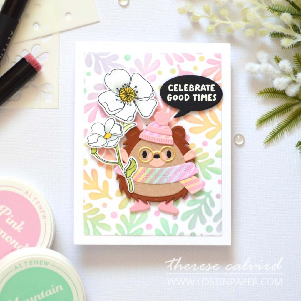 Whimsical rainbow hedgehog greeting card with rainbow stenciled background using three stencil techniques by Therese Calvird