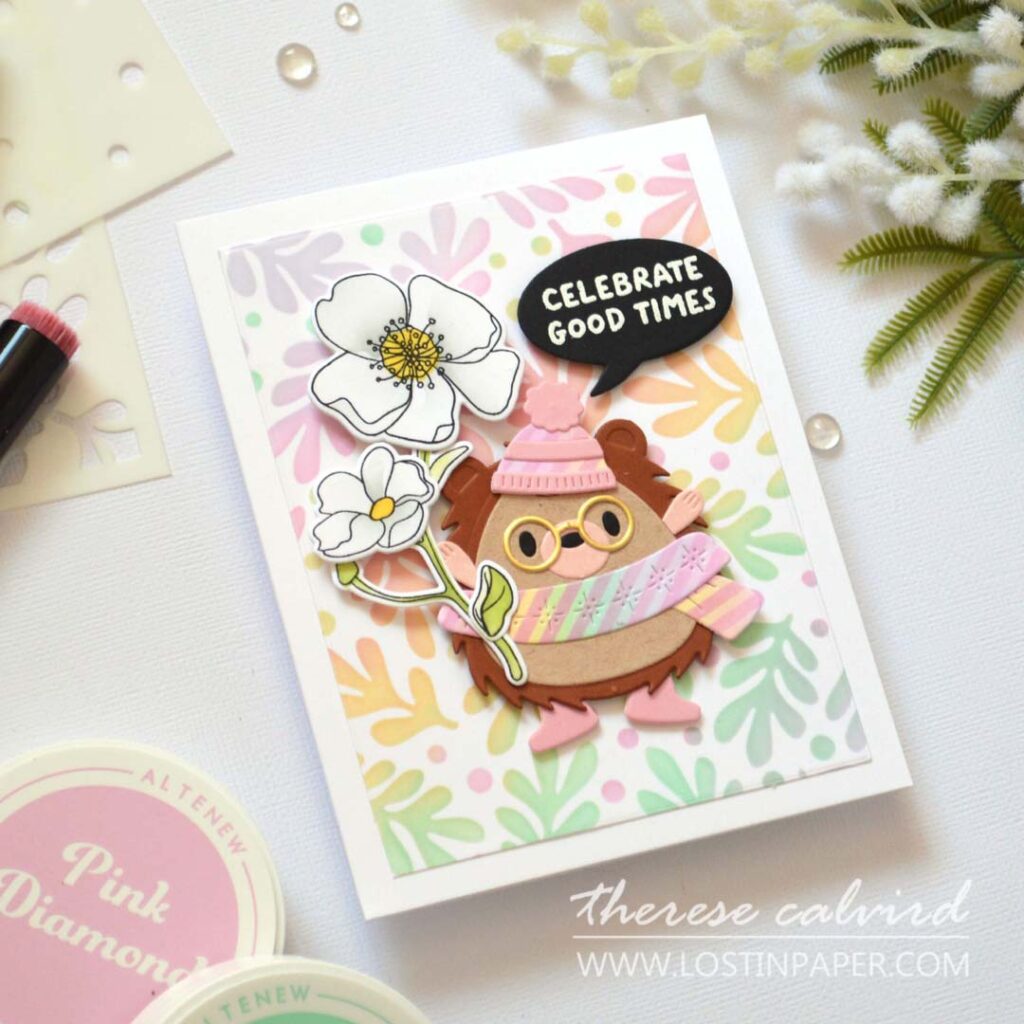 Whimsical rainbow hedgehog greeting card with rainbow stenciled background using three stencil techniques by Therese Calvird