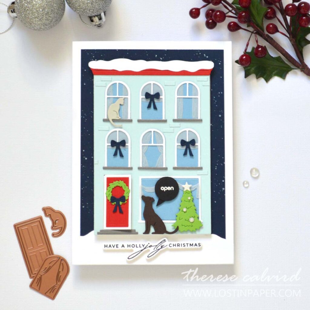 interactive christmas card door reveal die cut city scene sbdc 2025 therese calvird
