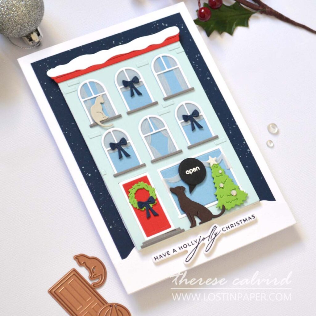 interactive christmas card door reveal die cut city scene sbdc 2025 therese calvird