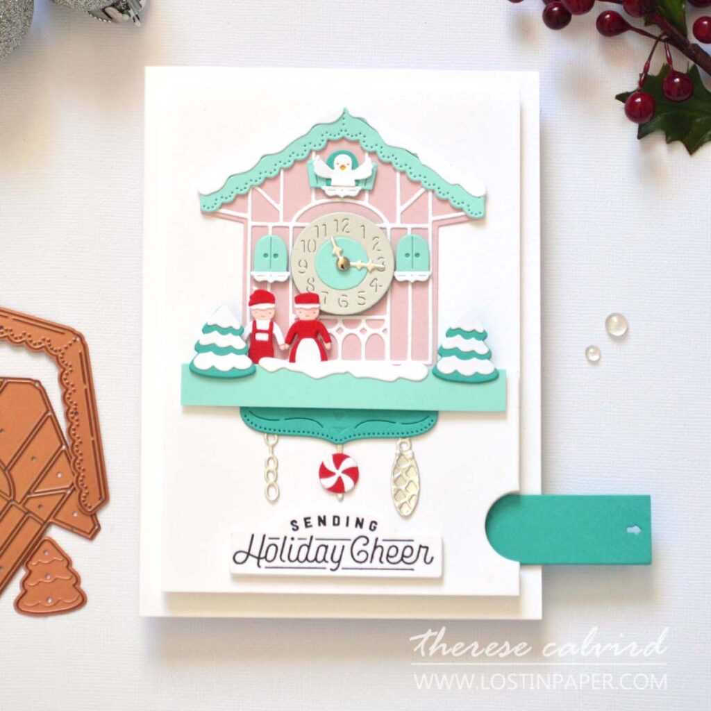 Interactive holiday cuckoo clock card with reverse pull slider and festive design Therese Calvird