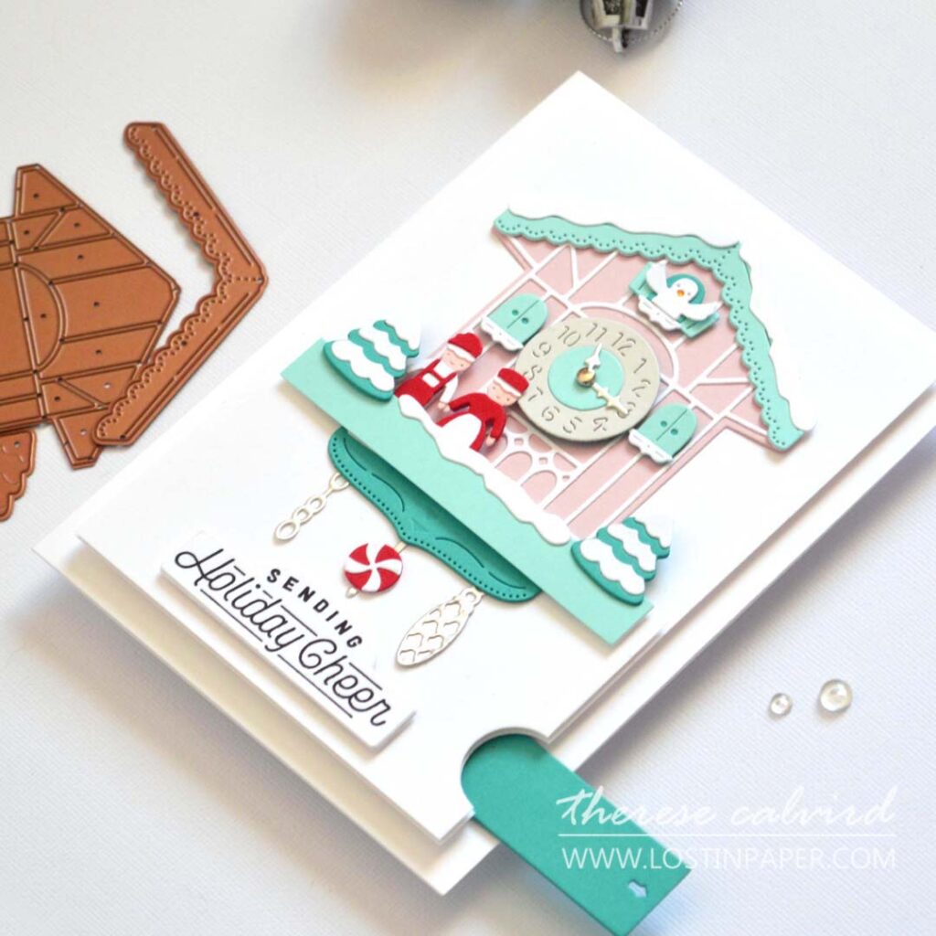 Interactive holiday cuckoo clock card with reverse pull slider and festive design Therese Calvird