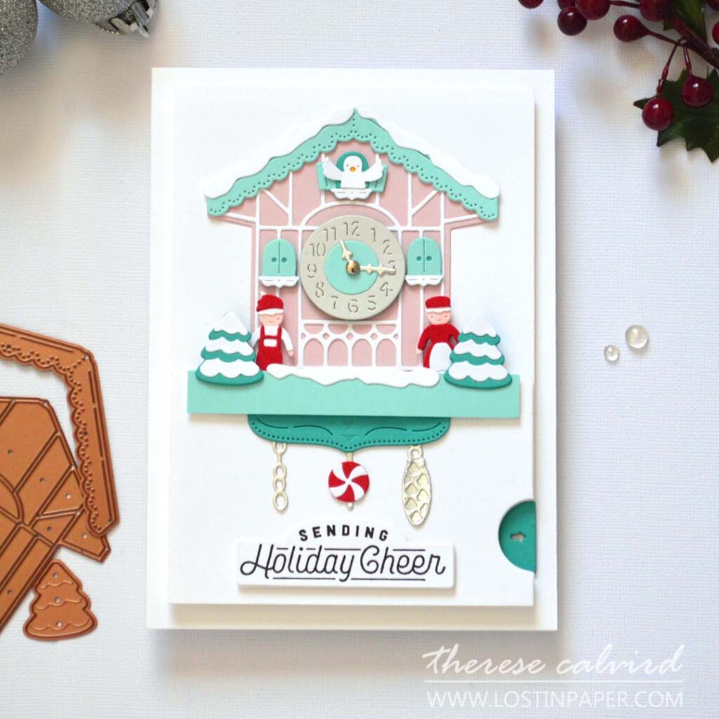 Interactive holiday cuckoo clock card with reverse pull slider and festive design Therese Calvird