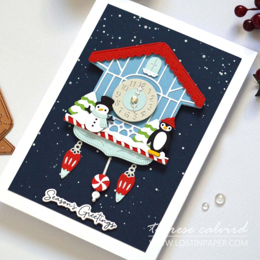 moving hands cuckoo clock christmas card interactive die cut sbdc 2025 therese calvird