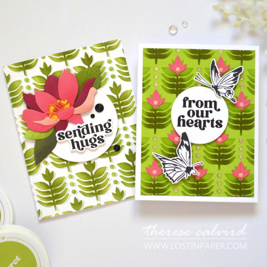 Alt text - Two cards showing multi-ink layered backgrounds using a leaf stencils using two techniques - Therese Calvird