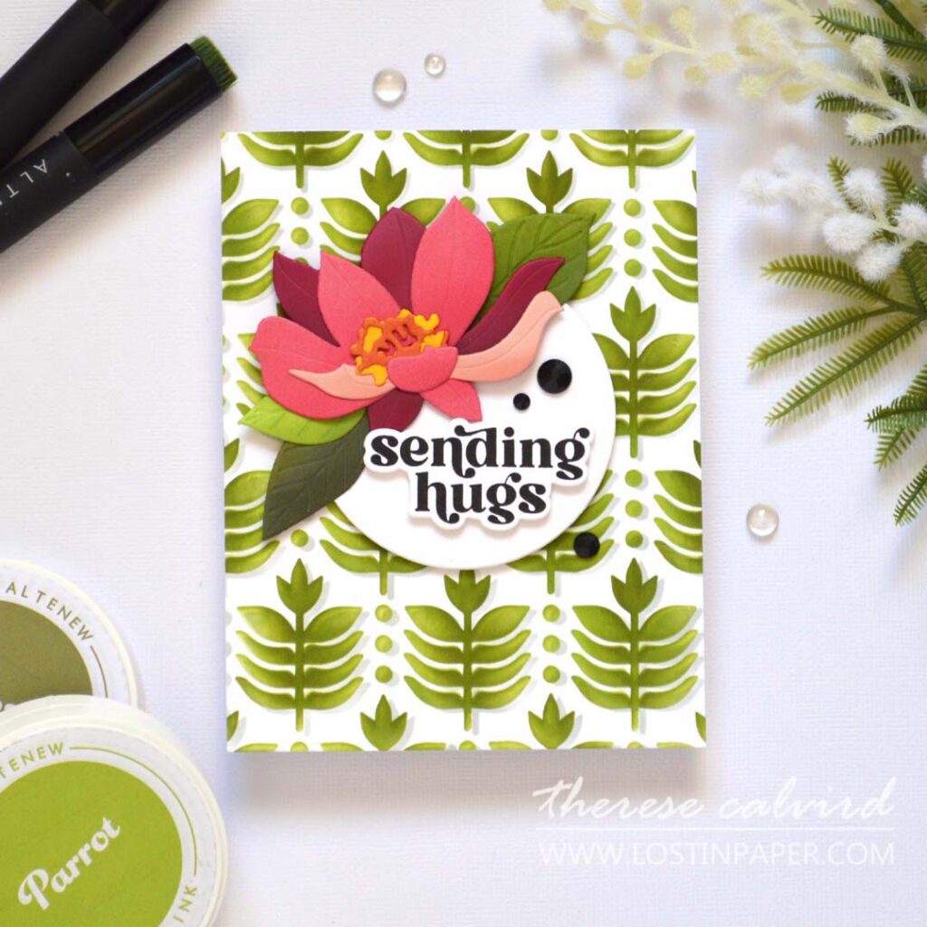 Alt text - Two cards showing multi-ink layered backgrounds using a leaf stencils using two techniques - Therese Calvird