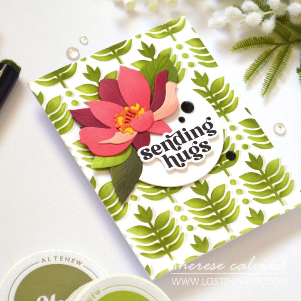Alt text - Two cards showing multi-ink layered backgrounds using a leaf stencils using two techniques - Therese Calvird