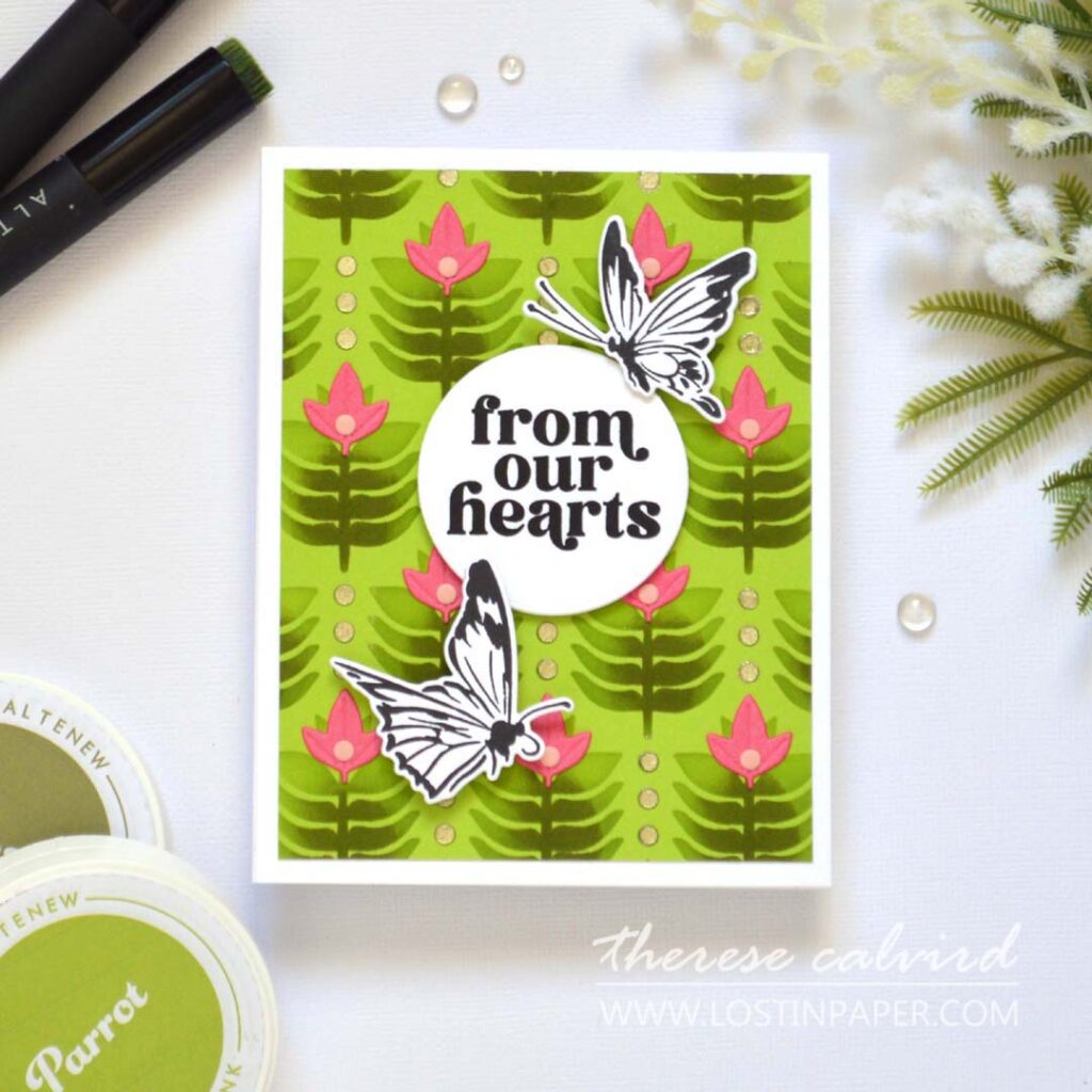 Alt text - Two cards showing multi-ink layered backgrounds using a leaf stencils using two techniques - Therese Calvird